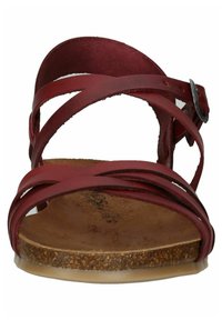 Sandal in pelle rossa con più cinture incrociate e fibbia metallica. Soletta in sughero e suola semi-trasparente. Design minimalista.