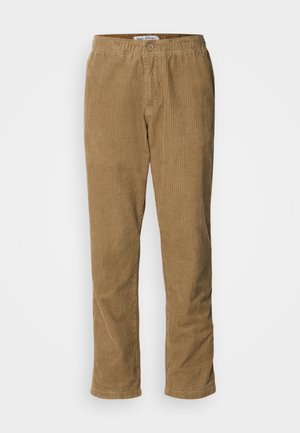 Brown corduroy pants featuring a straight leg design, button closure, and visible vertical ribbing texture. Elastic waistband for comfort.