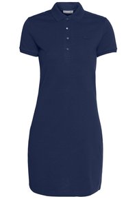 Abito polo blu navy in cotone. Presenta un colletto, maniche corte, una patta con quattro bottoni e un logo discreto sul petto.