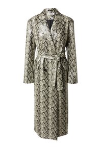 Lange, riemleefde robe in slangprint, met een gestructureerde kraag, lange mouwen en een glanzende afwerking in tinten beige en zwart.