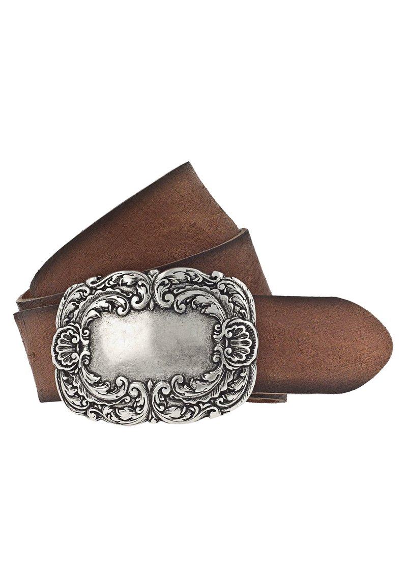 Cintura in pelle marrone con una grande fibbia decorativa in tonalità argento, caratterizzata da intricati motivi floreali e un design del bordo ornato.