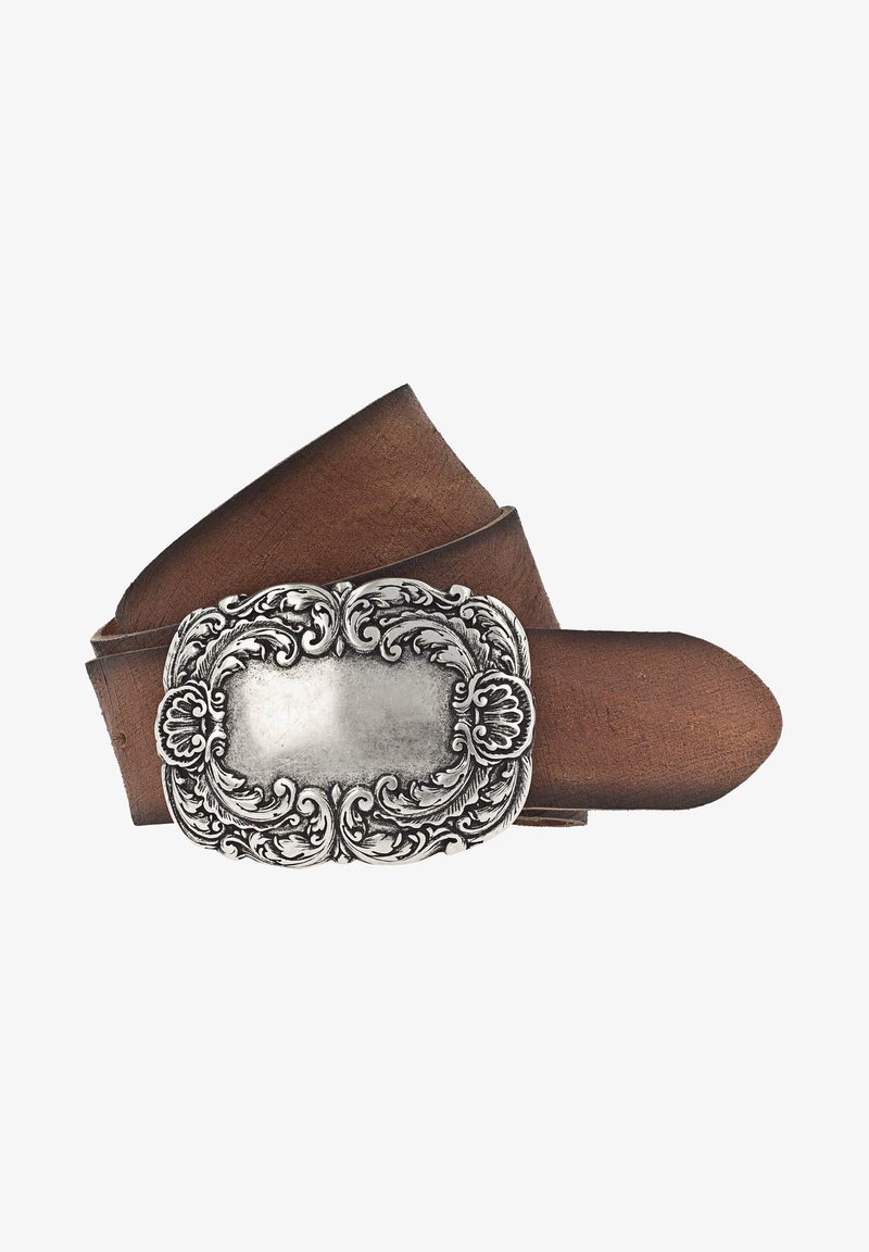 Cintura in pelle marrone con una grande fibbia decorativa in tonalità argento, caratterizzata da intricati motivi floreali e un design del bordo ornato.