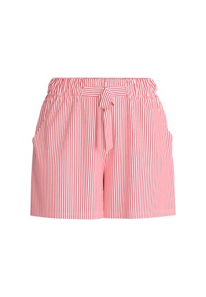 Shorts pour femmes à rayures verticales rouges et blanches, avec taille élastique, détail de nœud à l'avant et poches latérales, sur fond blanc.