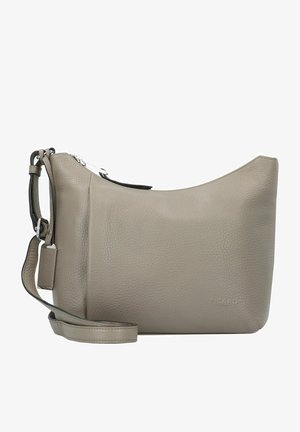 Gray leather shoulder bag with a smooth, textured finish, a curved shape, zip closure, and an adjustable strap. Features a logo tag.