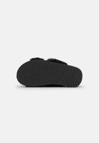 Black fur-lined slippers with a textured rubber sole featuring wavy grooves for traction and comfort. Soft and plush upper material.