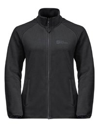 Svart fleecejacka med ståkrage, hel dragkedja, sidfickor och subtil logotyp på bröstet. Mjuk textur och figursydd design.