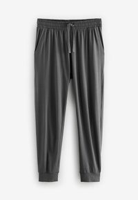 Grijze, lichte joggerbroeken met een elastische tailleband, trekkoord en zijzakken; taps toelopende boorden bij de enkels. Glad textuur.