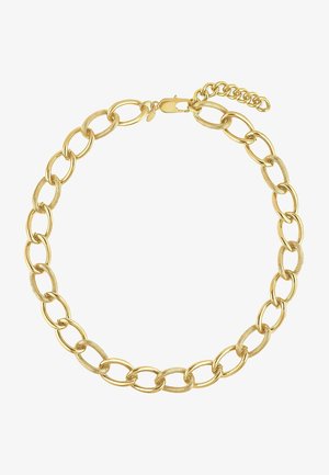 Goldkette mit abwechselnd glatten und strukturierten Gliedern, einem Karabinerverschluss und einer verstellbaren Verlängerungskette.