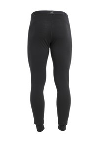 Schwarze Leggings aus einem glatten, dehnbaren Material. Sie verfügen über einen breiten Bund und ein eng anliegendes Bein, das zu knöchellangen Bündchen verjüngt.