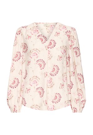 Blouse à manches longues florale en crème pâle, ornée de motifs cachemire roses et bordeaux, col en V et poignets froncés. Texture légère.