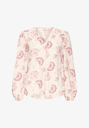 Bluza florală cu mâneci lungi în crem pal, decorată cu modele paisley roz și burgund, decolteu în V și manșete strânse. Textură ușoară.