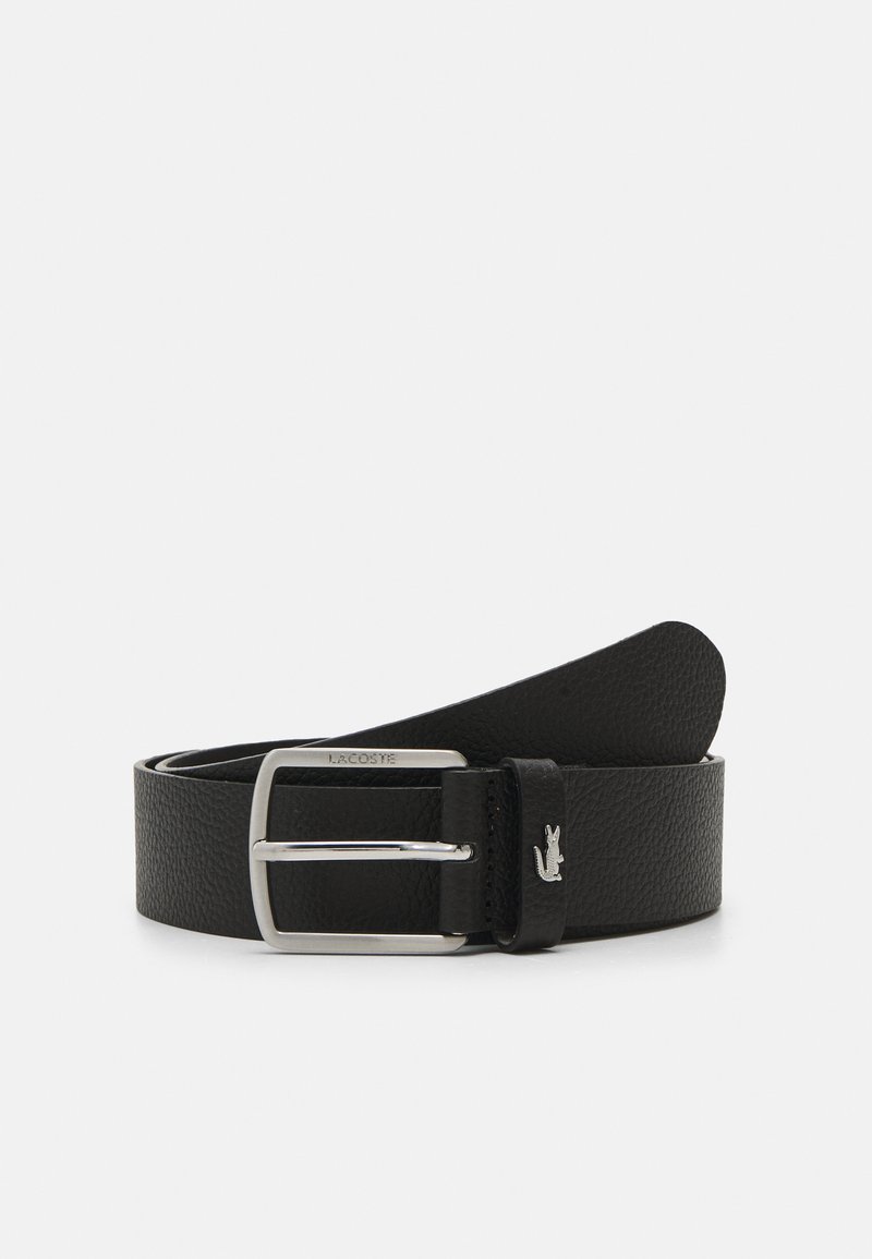 Black leather belt featuring a silver metal buckle, embossed branding, and a subtly textured finish. Standard width with tapered end.
