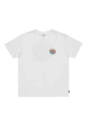 Witte katoen T-shirt met korte mouwen, voorzien van een kleurrafische afbeelding van palmbomen en golven op de linkerkant van de borst. Ronde halslijn.