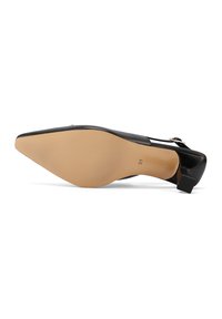 Scarpa con tacco alto nera a punta con retro slargato, caratterizzata da una soletta testurizzata e una suola in gomma di colore beige chiaro, misura 37.