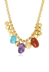 Collier en chaîne dorée mettant en valeur des pierres précieuses colorées : turquoise, améthyste, orange et ambre, avec des accents lisses et texturés.