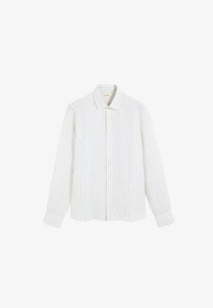 Camisa blanca de manga larga con botones, con finas rayas negras verticales y cuello clásico, colocada plana sobre fondo blanco.
