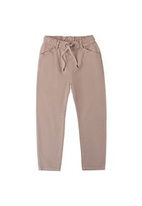 Pantaloni casual beige con vita elastica, chiusura con coulisse e tasche laterali. Tessuto testurizzato con design a gamba affusolata.