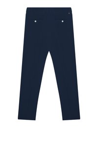 Pantaloni blu navy con una linea dritta, due tasche posteriori con chiusura a bottone e dettagli di cuciture sottili. Tessuto con una texture liscia.