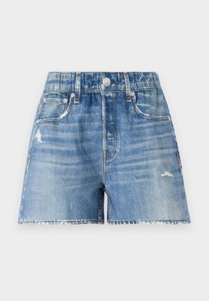 Denim kratke hlače v svetlo modrem pranju z obrabljenimi detajli, petimi žepi in strganim robom. Imajo gumb za zapiranje in zanke za pas.