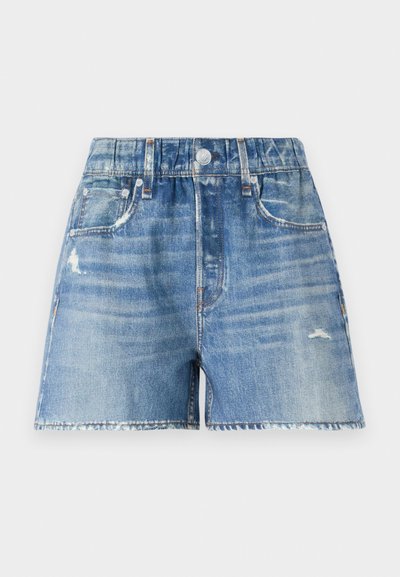 Shorts in denim blu chiaro con dettaglio strappato, cinque tasche e orlo sfilacciato. Presentano una chiusura con bottone e passanti per cintura.