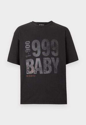 Black short-sleeve T-shirt with large gray text "999 BABY," smaller vertical text "1-900," and "MISBHV" in red at the bottom.