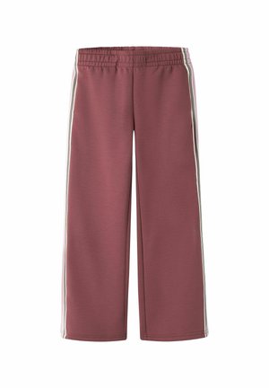 Pantalon mauve à jambes larges avec taille élastique et bandes blanches sur les côtés de chaque jambe.