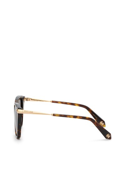 Lunettes de soleil écaille avec branches en métal doré, logo "roberto cavalli" sur le côté et un petit emblème doré sur les extrémités des branches.