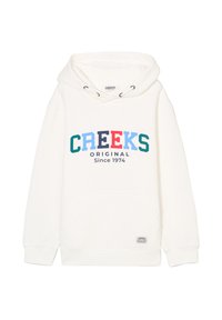 Felpa bianca con tasca a marsupio, con logo "CREEKS" multicolore e testo "Original Since 1974" in blu, verde, rosso e blu scuro.