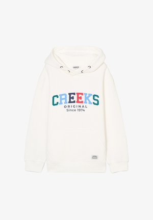Sweat à capuche blanc avec une poche kangourou, arborant un logo "CREEKS" multicolore et le texte "Original Since 1974" en bleu, vert, rouge et marine.