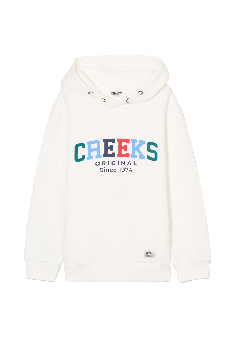 Felpa bianca con tasca a marsupio, con logo "CREEKS" multicolore e testo "Original Since 1974" in blu, verde, rosso e blu scuro.