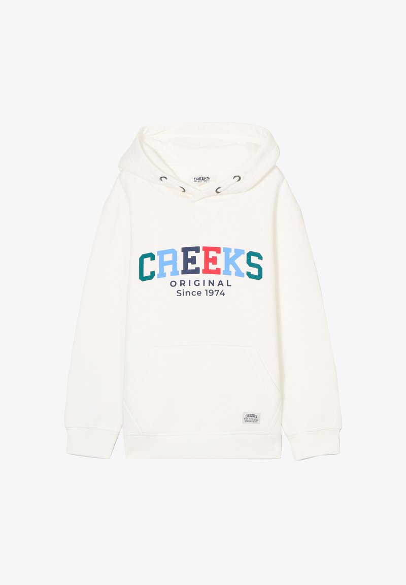 Sudadera blanca con bolsillo canguro, con un logo "CREEKS" multicolor y texto "Original Desde 1974" en azul, verde, rojo y marino.