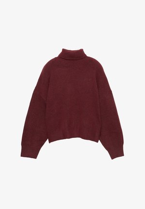 Bordový rolákový sveter s voľným strihom, dlhými spodnými rukávmi a rebrovanou textúrou na krku a leme. Mäkká pletená látka.