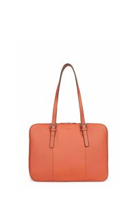 Borsa a mano rettangolare in pelle arancione con doppie spalline e fibbie argentate, chiusura con cerniera frontale, design minimalistico.