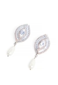 Crystal drop earrings featuring a leafy design with clear stones, a central round stone, and a white pearl teardrop accent. Silver-tone metal.