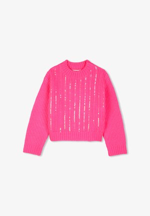 Lyserød strikket sweater med lange ærmer, ribbet halsudskæring og kant, dekoreret med lodrette skinnende palietter foran.