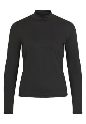 Schwarzes Longsleeve-Pullover mit Rollkragen aus glattem, elastischem Stoff, tailliert geschnitten und mit leichtem Glanz. Flache Nähte ohne Verzierungen.