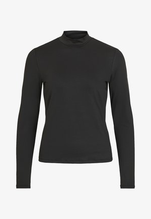 Schwarzes Longsleeve-Pullover mit Rollkragen aus glattem, elastischem Stoff, tailliert geschnitten und mit leichtem Glanz. Flache Nähte ohne Verzierungen.