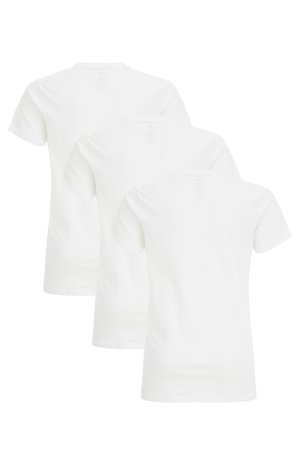 Trois T-shirts en coton blancs à manches courtes et col rond, montrant la vue arrière. Chacun a une texture douce et un design simple.