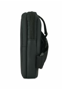 Czarny etui na zamek błyskawiczny o smukłym designie. Teksturowany materiał, boczna rączka i boczna kieszeń. Czyste krawędzie i minimalistyczny wygląd.