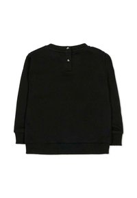 Zwarte sweatshirt met lange mouwen gemaakt van zachte stof, met een ronde hals, geribbelde manchetten en een sluiting met twee knopen aan de achterkant.