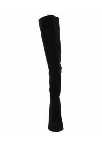 Zwarte boven-de-knie laars gemaakt van zacht materiaal met een slanke silhouet, binnenkant ritssluiting en een afgeronde neusontwerp.