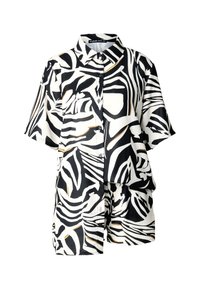 Chemise à manches courtes à boutons et short assorti avec un motif abstrait inspiré du zèbre en noir, blanc et beige subtile.
