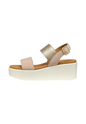 Sandalo zeppa beige e metallico con due cinturini e fibbia dorata su suola spessa bianca.