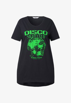 Zwarte T-shirt met korte mouwen met een groene grafische print van een discobal en de tekst "DISCO NIGHT CLUB" in vette letters.