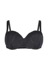 Musthave musträtik, millel on pitsdetailid, polsterdatud tassi ja vertikaalsed rihmad, kaunistatud kuldsete studidega. Sile kangas, traati toega mudel, reguleeritavad rihmad.