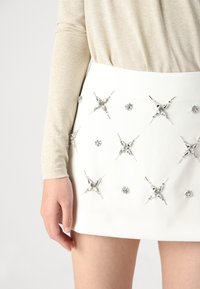 Bijela suknja s ukrasima od srebrnog metala u obliku zvijezda i cvjetova. U kombinaciji s bež dugim rukavima. Glatka tekstura.