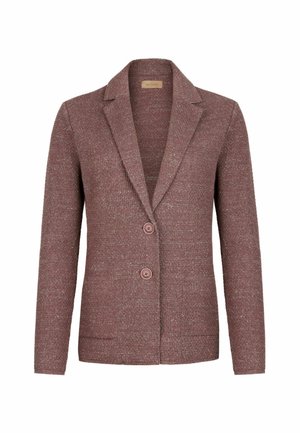 Mauve gestrickter Blazer mit zwei Knöpfen, Reverskragen mit Kerb, langen Ärmeln und aufgesetzten Taschen vorne.