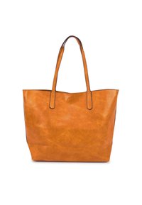 Grote oranje leren tote bag met een gladde textuur, dubbele platte handvatten en een minimalistisch ontwerp. Heeft contraststiksel langs de randen.