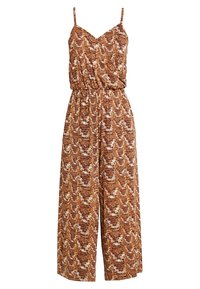 Bruine printed jumpsuit met dunne bandjes, elastische taille, wijde benen en een golvend patroon in tinten van bruin en room. Lichtgewicht stof.