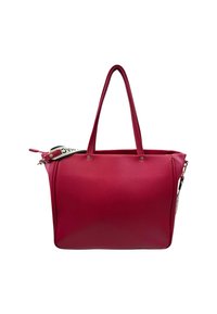 Borsa tote rossa con una finitura liscia e strutturata, due manici lunghi e una cerniera laterale con una fascia decorativa.